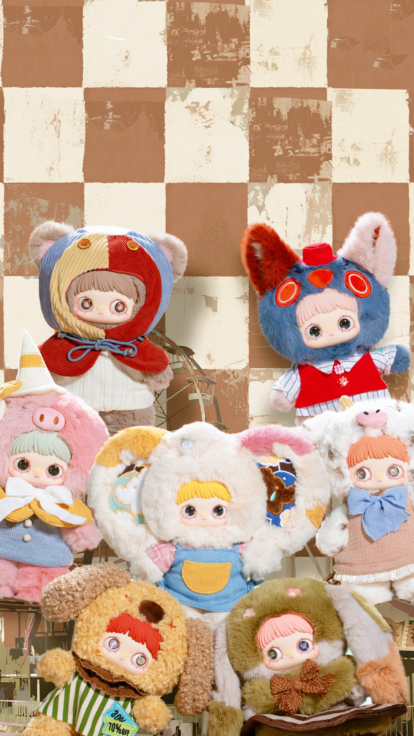 Maymei Plush Dolls Blind Box featuring whimsical characters from the Forgotten Funfair Series in colorful designs.