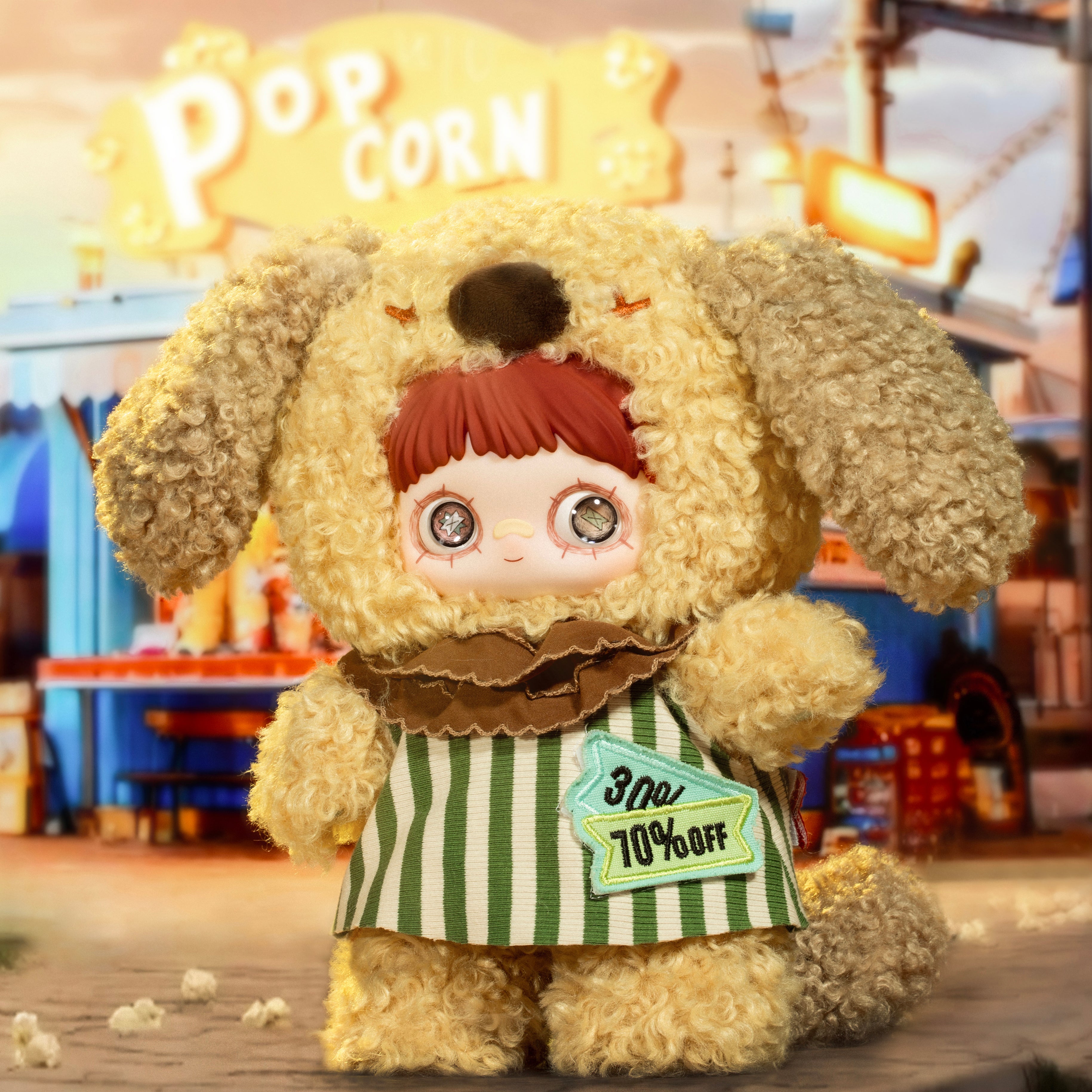 Maymei Plush Dolls Blind Box featuring a plush doll dressed as a dog in a vibrant fair backdrop.