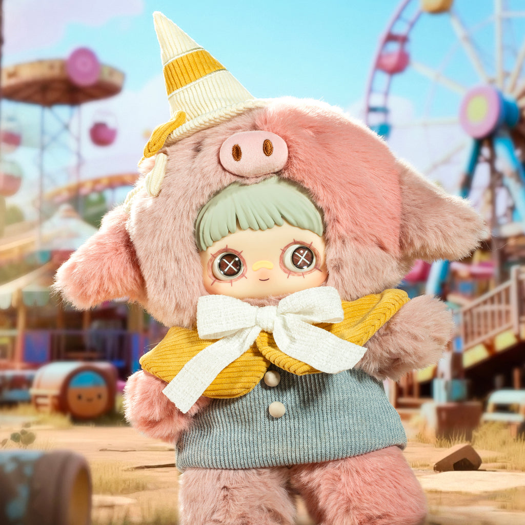 Maymei Plush Dolls Blind Box character in a colorful hoodie at a funfair background, unique and whimsical design.