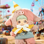 Maymei Plush Dolls Blind Box character in a colorful hoodie at a funfair background, unique and whimsical design.