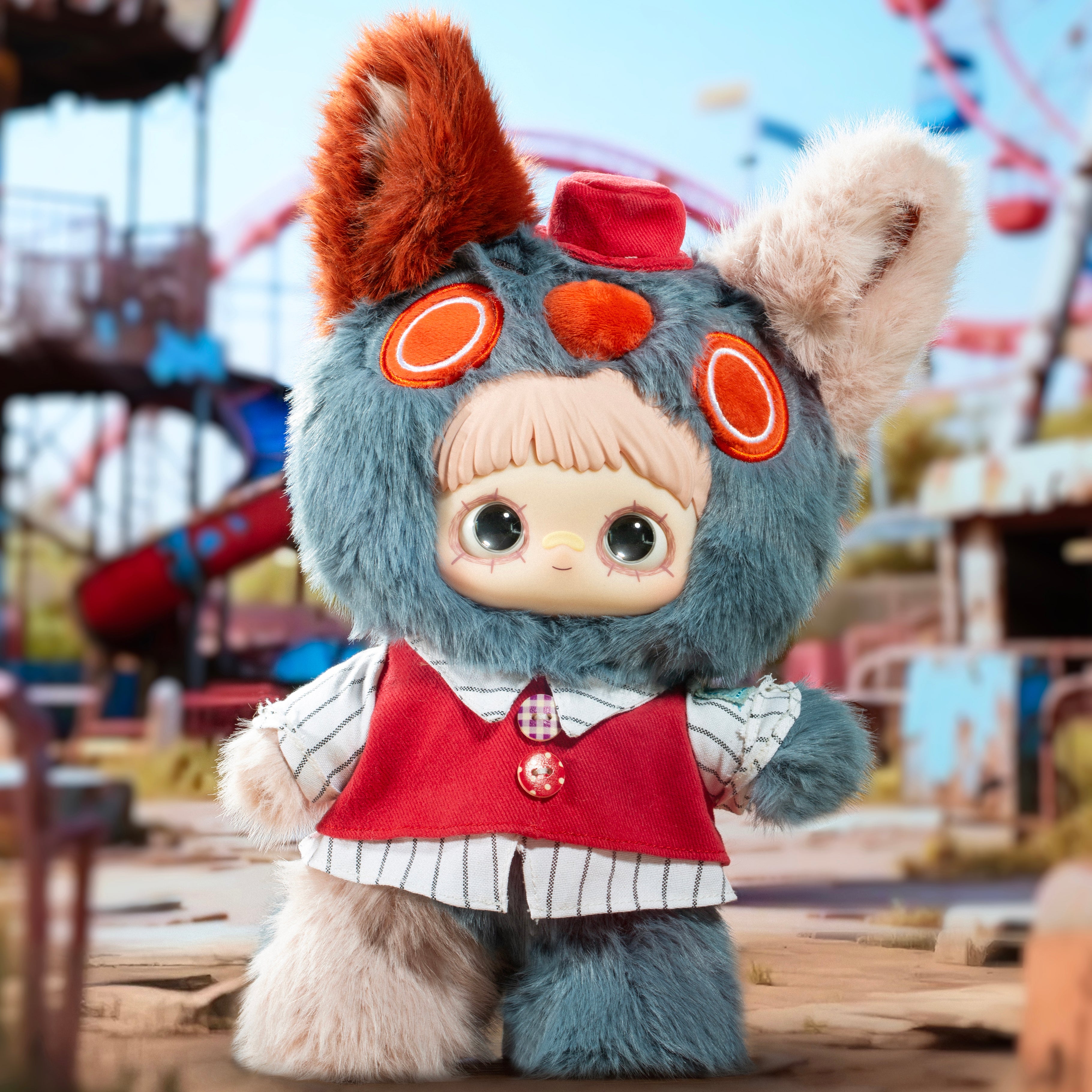 Maymei Plush Dolls Blind Box character in a colorful hoodie at a funfair background, unique and whimsical design.