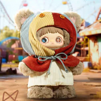 Maymei Plush Dolls Blind Box character in a colorful hoodie at a funfair background, unique and whimsical design.